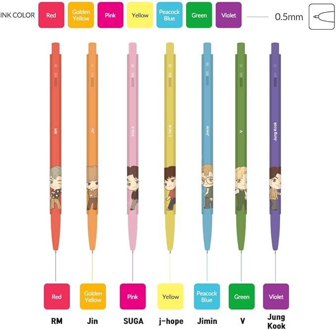 TinyTAN BTS Merchandise Official Licensed Kpop Merch Character Ballpoint Pen, 0.5mm, (1 Pack of 7 Pens) (Dynamite Ver.)