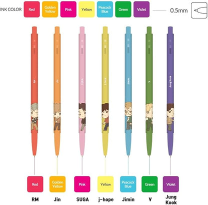 TinyTAN BTS Merchandise Official Licensed Kpop Merch Character Ballpoint Pen, 0.5mm, (1 Pack of 7 Pens) (Dynamite Ver.)