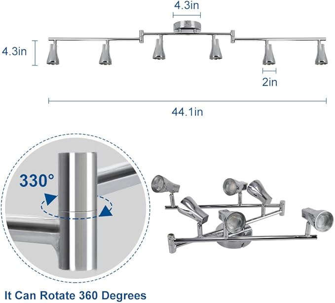 DLLT Modern LED Track Lighting Kit-6 Lights Adjustable Decorative Track Light Fixture, 6 Way Flush Mount Ceiling or Wall Spotlight for Kitchen, Dining Room, Hallway, Bedroom, Warm Light, Silver