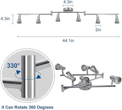 DLLT Modern LED Track Lighting Kit-6 Lights Adjustable Decorative Track Light Fixture, 6 Way Flush Mount Ceiling or Wall Spotlight for Kitchen, Dining Room, Hallway, Bedroom, Warm Light, Silver