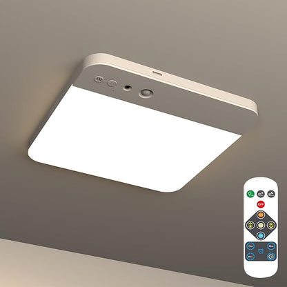 Rechargeable Motion Sensor Ceiling Light Fixture, 7.8inch Dimmable 3000K/4500K/6500K Adjustable Square White Closet Light for Hallway Bathroom Kitchen, Timer, 500LM,RA80
