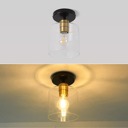 Black Brass Semi Flush Mount Ceiling Light,Modern Farmhouse Ceiling Light Fixture for Closet Entryway,Hallway Light Fixture 5.9in Clear Glass Shade 2 Pack