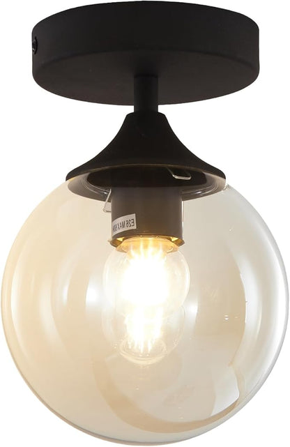 KCO Lighting Black Globe Semi Flush Mount Ceiling Light Modern Light Fixture Amber Glass Ceiling Light Rustic Bedroom Close to Ceiling Light Mid Century Modern Overhead Light