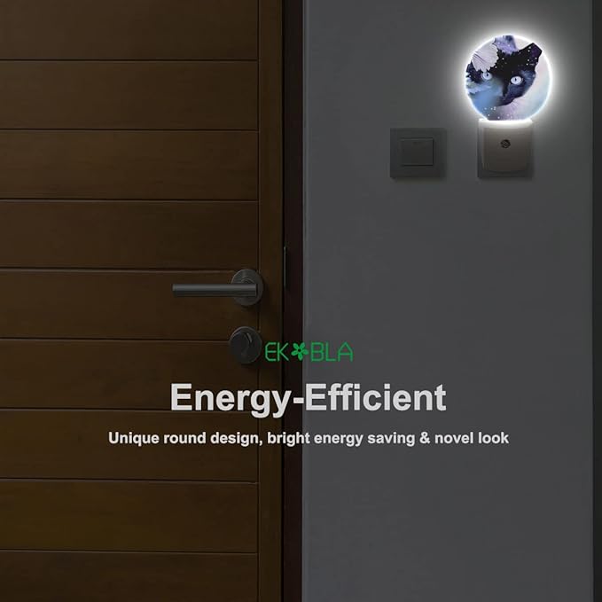 EKOBLA Cat & White Flower Plug-in Night Light, Black Kitten Hiding Behind Floral LED Nightlight with Auto Sensor for Home Decor