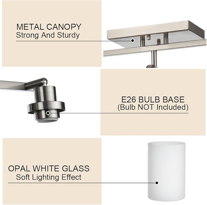 TODOLUZ 6-Lights Track Lighting Ceiling, Ceiling Spotlight Fixtures Brushed Nickel Bathroom Vanity Lighting with Opal White Glass, E26 Bulb Base