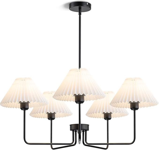 Farmhouse Chandelier, 5-Light Modern Chandelier with White Pleated Fabric Shades, Black Dining Room Light Fixture Chandelier for Dining Room Bedroom Hallway Kitchen Island, Height Adjustable