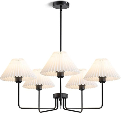 Farmhouse Chandelier, 5-Light Modern Chandelier with White Pleated Fabric Shades, Black Dining Room Light Fixture Chandelier for Dining Room Bedroom Hallway Kitchen Island, Height Adjustable