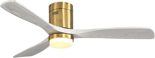 CACI Mall 52 Inch Wood Flush Mount Ceiling Fan with Lights, 3 Blades, Low Profile, Modern, 3CCT, Dimmable, Noiseless, Remote Contral, Outdoor Indoor Ceiling Fans for Bedroom/Farmhouse/Patio