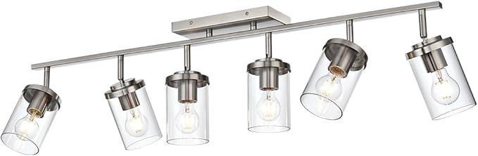 BONLICHT Transitional 6-Light Glass Track Lighting Kit Directional Ceiling Spot Light Brushed Nickel Modern Bathroom Vanity Wall Lights for Kitchen Living Room Office, Flexibly Rotatable Light Head