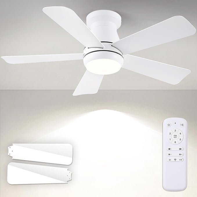 Hounberi Ceiling Fans with Light and Remote,40" White Flush Mount Ceiling Fan with Dimmable LED,6 Speeds DC Reversible,Timer, Noiseless, Indoor Low Profile Ceiling Fans for Bedroom,Kitchen