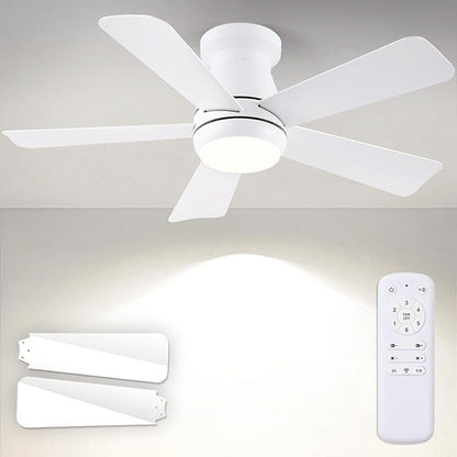 Hounberi Ceiling Fans with Light and Remote,40" White Flush Mount Ceiling Fan with Dimmable LED,6 Speeds DC Reversible,Timer, Noiseless, Indoor Low Profile Ceiling Fans for Bedroom,Kitchen