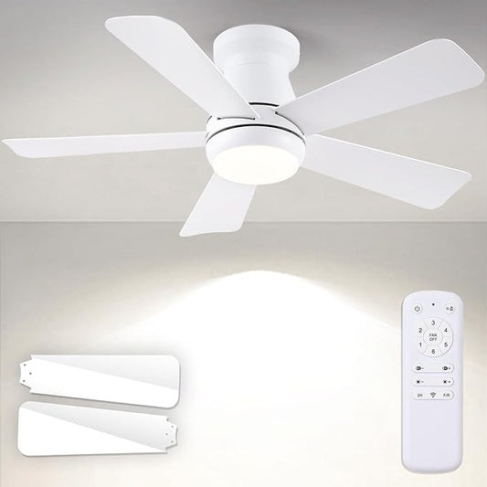 Hounberi Ceiling Fans with Light and Remote,40" White Flush Mount Ceiling Fan with Dimmable LED,6 Speeds DC Reversible,Timer, Noiseless, Indoor Low Profile Ceiling Fans for Bedroom,Kitchen