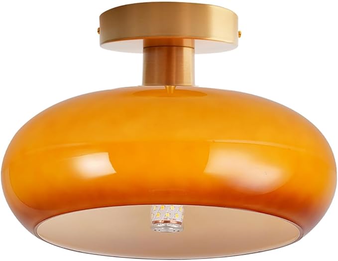 Modern Glass Flush Mount Ceiling Light, Orange Gold Mid Century Hallway Light Fixtures, Vintage Glass Ceiling Lamp, Brushed Brass Pantry Dining Room Light Fixture