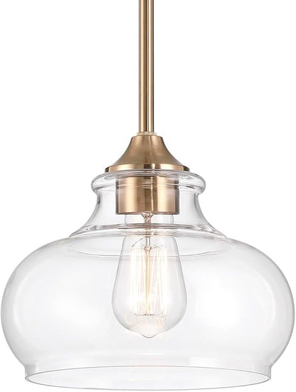 Kira Home Harlow 9" Modern Schoolhouse Pendant Light with Clear Glass Shade, Industrial Farmhouse Gold Hanging Light with Schoolhouse Glass, Cool Brass Finish