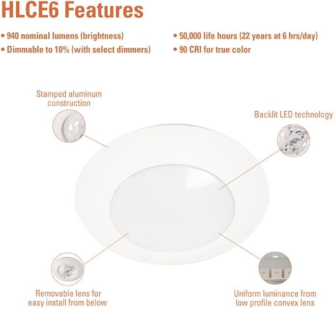 HALO HLCE 18-Pack 6 inch Integrated LED Recessed Disk Light 3000K, 900 Lumens, 90 CRI, Phase Cut Dimming, Ceiling Mount Garage Lighting for Basement Gym Kitchen Damp Location