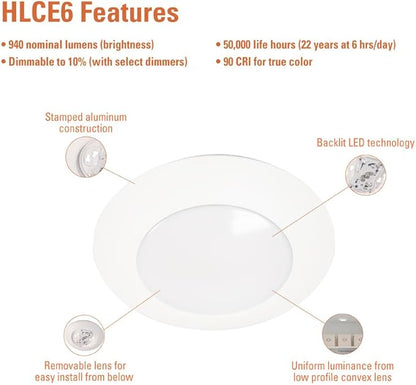 HALO HLCE 18-Pack 6 inch Integrated LED Recessed Disk Light 3000K, 900 Lumens, 90 CRI, Phase Cut Dimming, Ceiling Mount Garage Lighting for Basement Gym Kitchen Damp Location