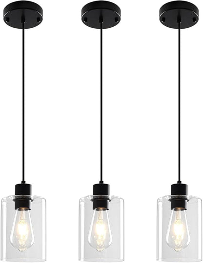 3 Pack Black Pendant Lights Kitchen Island, Modern Glass Pendant Lighting Over Island Kitchen Hanging Bathroom Ceiling Light Fixtures Adjustable Pendant Lights for Dining Room Hallway Bedroom