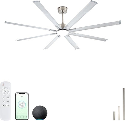 84 Inch Industrial Ceiling Fans with Light,Large Ceiling Fan with Modern 8 Aluminum Blades,Compatible with Alexa,Noiseless DC Motor,Black Outdoor Fan for Garage or Pool area