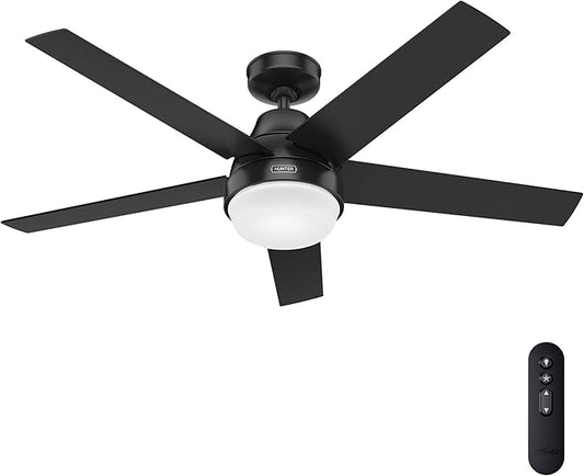 Hunter 52 inch Indoor Ceiling Fan with LED Light and Remote Control - Black Modern Smart Ceiling Fan, Standard Mount, 5 Blades, For Bedroom, Living Room, or Kitchen, Quiet- Aerodyne 51314, Matte Black