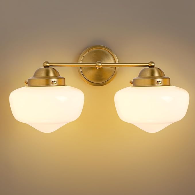 2 Light Bathroom Vanity Light, Bathroom Light Fixture with Milky White Glass Shade and Matte Brass Finish, Vanity Lights for Bathroom, Brushed Gold Vanity Light