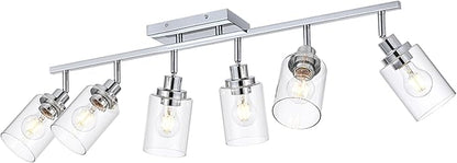 6-Light Track Lighting Kit Ceiling Kitchen Track Lighting Fixtures Chrome Bathroom Vanity Wall Lights with Clear Glass Multi-Directional Rotating Tracking Light Heads Spotlight for Accent Shop