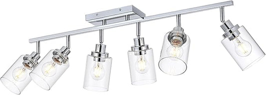 6-Light Track Lighting Kit Ceiling Kitchen Track Lighting Fixtures Chrome Bathroom Vanity Wall Lights with Clear Glass Multi-Directional Rotating Tracking Light Heads Spotlight for Accent Shop