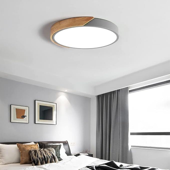 LED Ceiling Light Fixture,20 Inch Modern Wood Recessed Ceiling Lights,Dimmable Light,36W Grey Close to Ceiling Lighting Flush Mount Living Room Bedroom,3000K-6000K