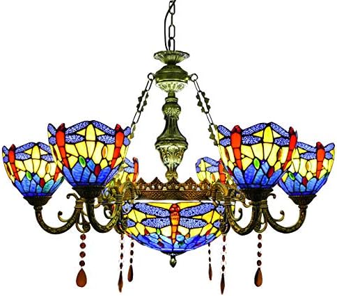 Pendant Lighting LED Bowl Chandelier Light Antique Tiffany Style Stained Glass 7-Light with Amber Crystal Drops Hanging Light for Dining Living Cafe Room Restaurant - TYP B-Dragonfly-Blue