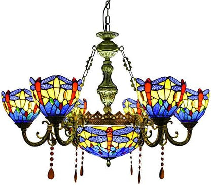 Pendant Lighting LED Bowl Chandelier Light Antique Tiffany Style Stained Glass 7-Light with Amber Crystal Drops Hanging Light for Dining Living Cafe Room Restaurant - TYP B-Dragonfly-Blue