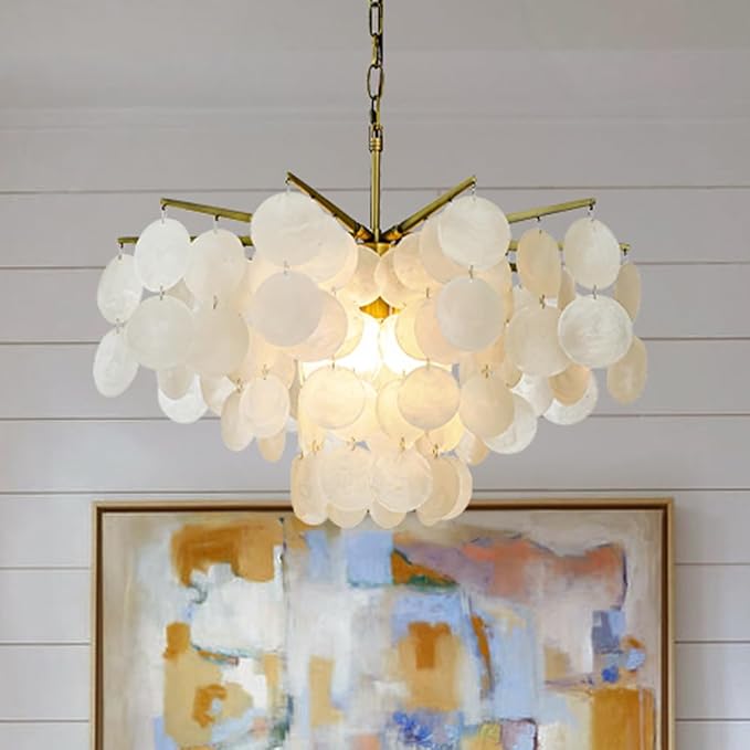 ALOADECOR 4-Light 22" Cone Shape 4-Tier Coastal Capiz Shells Chandelier with Antique Gold Metal Farmhouse Natural Seashell for Dining Room Living Room