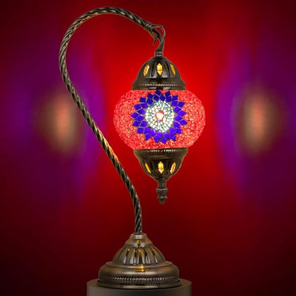 Marrakech Vintage Lamp Turkish Mosaic Lamps with Tiffany Style, Handmade Moroccan Table Lamps with Swan Neck Bronze Base Including LED Bulb for Living Room Bedroom Decor (Red)