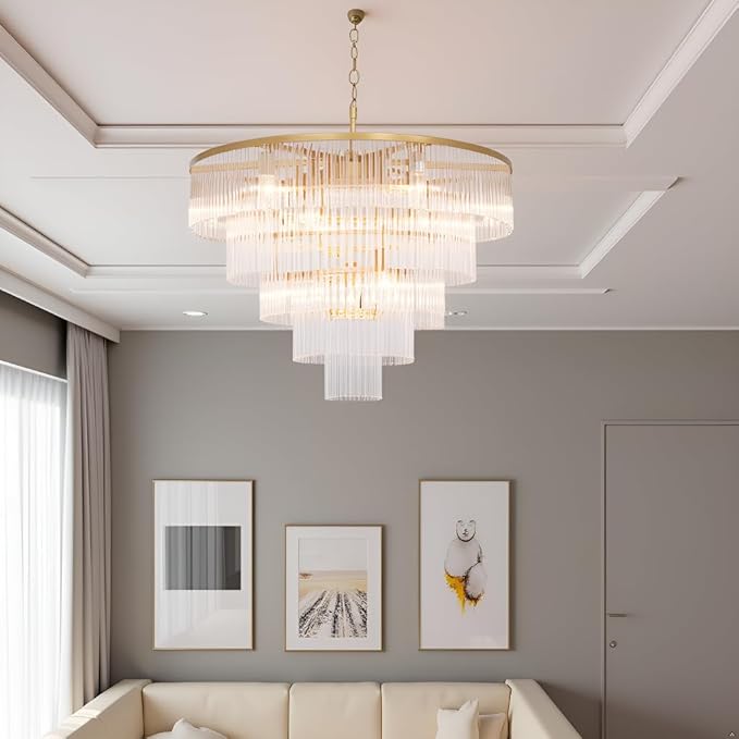 Modern Multi-Tier Crystal Chandelier 5-Tier Round Gold Finish Ceiling Light -Cylindrical Glass Rods -Dining Room Living Room Bedroom Entryway -Luxury Lighting Fixture 27.5''