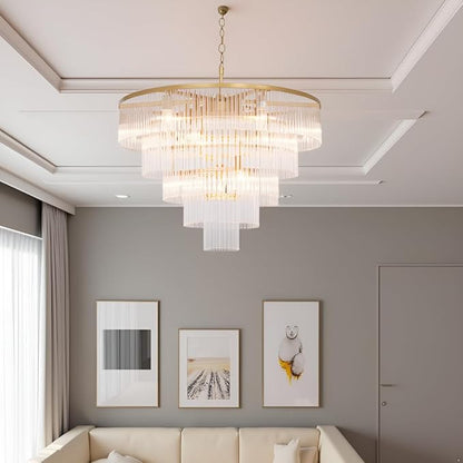 Modern Multi-Tier Crystal Chandelier 5-Tier Round Gold Finish Ceiling Light -Cylindrical Glass Rods -Dining Room Living Room Bedroom Entryway -Luxury Lighting Fixture 27.5''