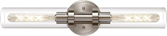 SANTOSTOCK Brushed Nickel 2-Light Bathroom Vanity Light Fixture, Modern Bathroom Sconces Wall Lighting W/Clear Glass Shade, Horizontal and Vertical Wall Mount Lamp for Mirror Hallway Kitchen