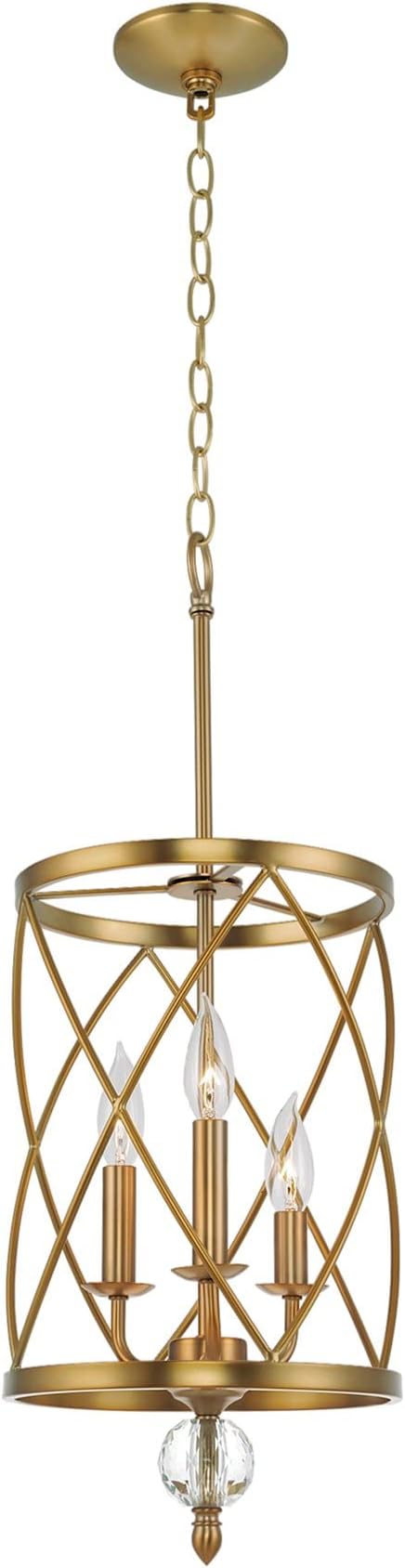 Kira Home Eleanor 27" Modern 3-Light Geometric Gold Lantern Chandelier, Cylinder Trellis Cage Gold Pendant Light with Crystal Finial, Warm Brass Finish