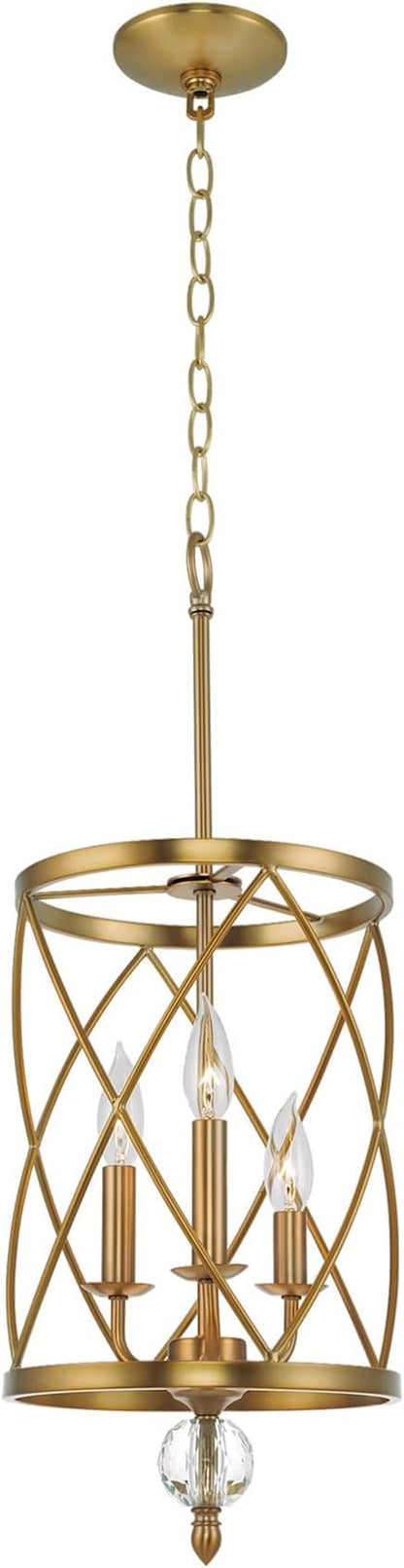 Kira Home Eleanor 27" Modern 3-Light Geometric Gold Lantern Chandelier, Cylinder Trellis Cage Gold Pendant Light with Crystal Finial, Warm Brass Finish