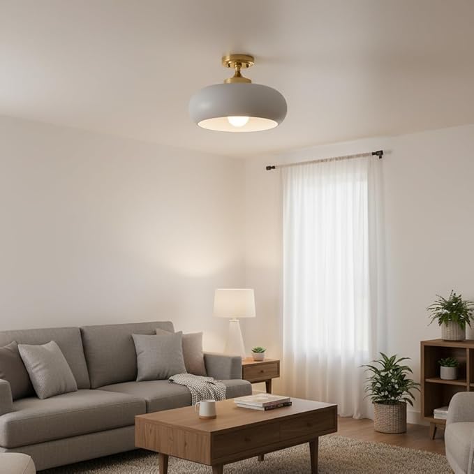Mid Century Modern Semi Flush Mount Ceiling Light, Gold Kitchen Ceiling Light Fixture with Glass Shade, Grey Close to Ceiling Lamp Mini Chandeliers for Entryway Hallway Bathroom
