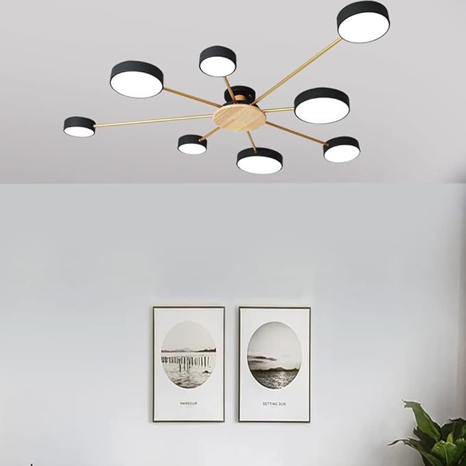8-Lights LED Ceiling Light Fixture,48 Inch Modern Ceiling Lights Flush Mount Wooden 64W Dimmable Chandelier for Living Room Bedroom Kitchen,3000K/4000K/6000K Black