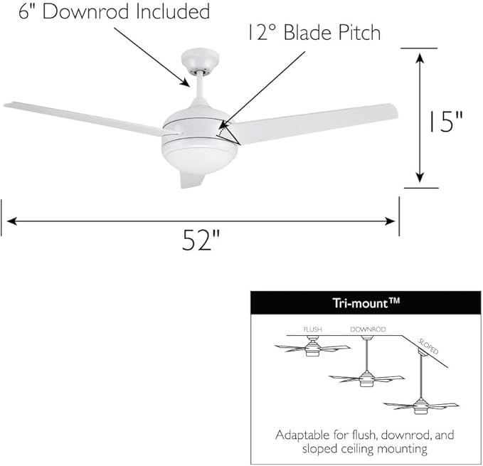Design House 156513-WHT Treviento LED 52-inch Contemporary Indoor Ceiling Fan with LED Light Kit, 3-Blade, Reverse Airflow, Remote Control, White