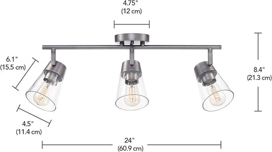 GLOBE Electric 64000045 24" 3-Light Track Lighting, Pewter, Clear Glass Shades, Ceiling Light, Pivot Shade, 3 Bulb, Kitchen Lights, E26 Socket