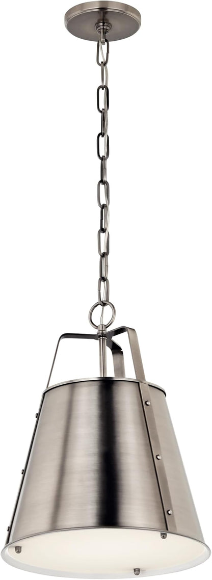 Kichler Etcher 1-Light Pendant Light Fixture with Etched Painted White Glass Diffuser, Kitchen Island Hanging Light in Classic Pewter for Dining Room (17" x 13"), 52710CLP