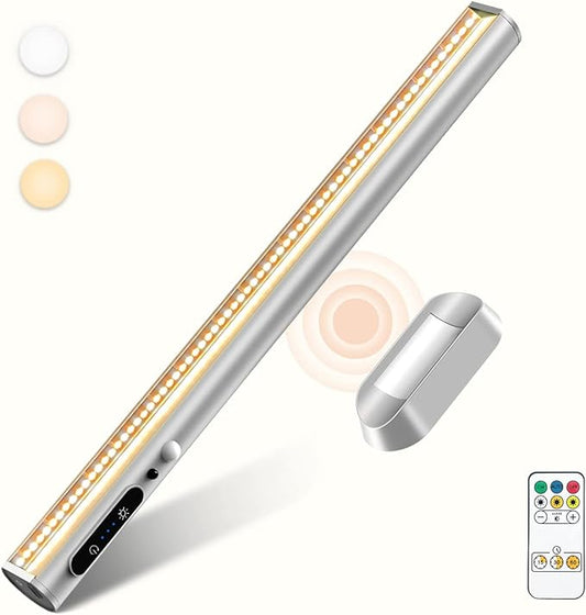 Battery Powered Operated Wall Strip Lights, Motion Sensor LED Light Bar Indoor, Rechargeable Magnetic Under Cabinet Lighting Wireless with Remote Control for Picture Shelf Bathroom – Silver