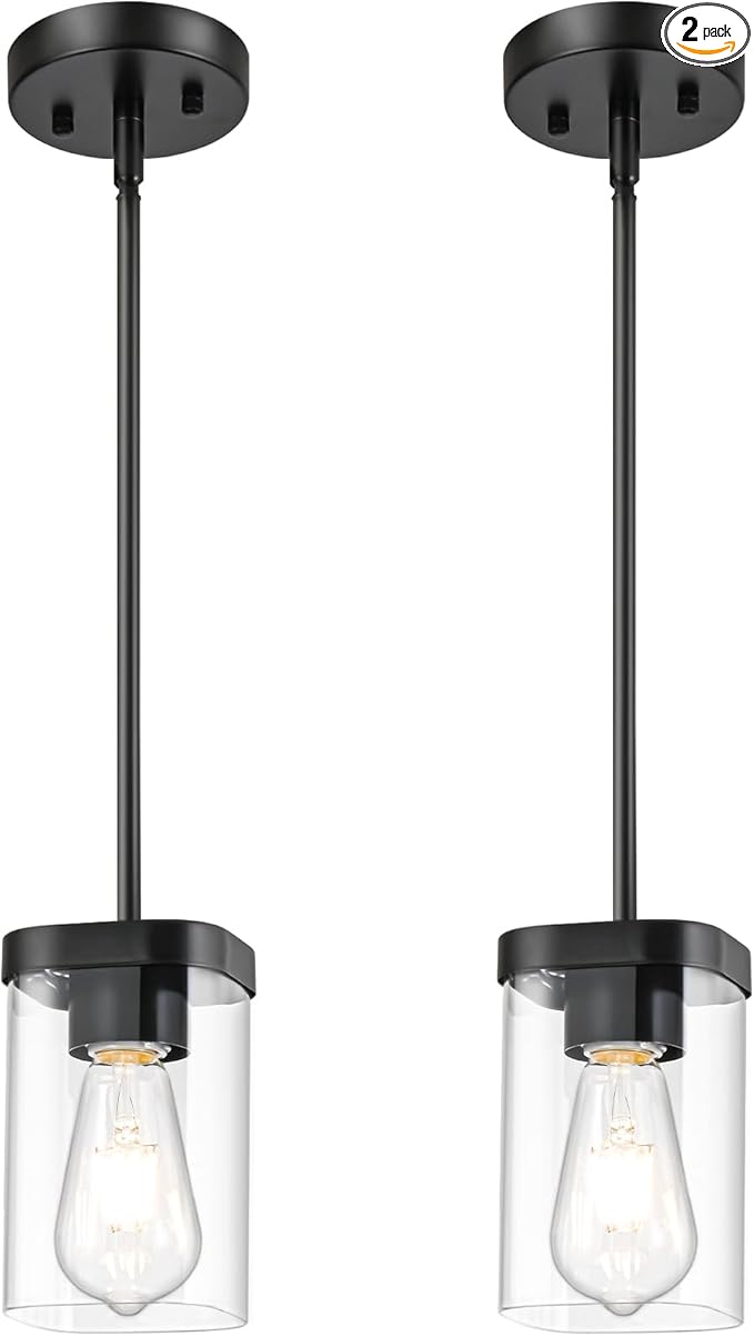 Modern Pendant Light Fixtures 2-Pack, Matte Black Pendant Lights Kitchen Island with Square Transparent Glass, Glass Pendant Light for Dining Room, Bedroom, Living Room, Farmhouse