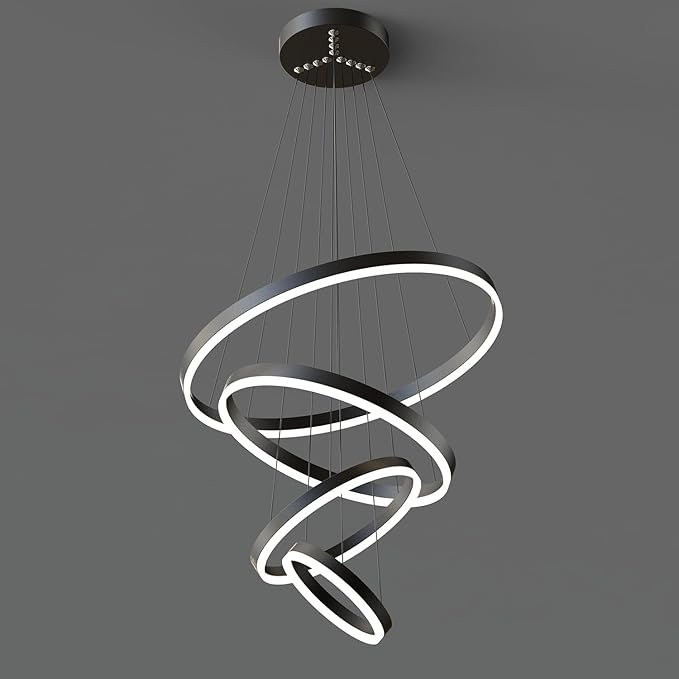 Modern LED Pendant Light, Black 4 Ring Circular Chandelier Fixture, Adjustable Height Circular Entrance Pendant Light, Suitable for Restaurants, Kitchens, Islands, Living Rooms, Cafes, Etc. (4000K)
