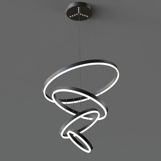 Modern LED Pendant Light, Black 4 Ring Circular Chandelier Fixture, Adjustable Height Circular Entrance Pendant Light, Suitable for Restaurants, Kitchens, Islands, Living Rooms, Cafes, Etc. (4000K)