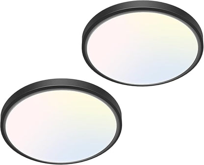 libtit 7 inch Flush Mount LED Ceiling Light Fixture, 3000K-6500K Adjustable, 15W 1500lm Black Satin Round Ceiling Lamp for Bathroom Hallway Kitchen Bedroom, 2 Pack