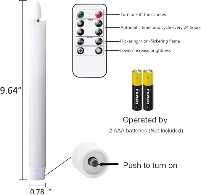 GenSwin Flameless Taper Candles Flickering with Remote Timer, Battery Operated LED Taper Candles with 3D Wick Real Wax Window Candlesticks Pack of 2 for Home Wedding Decor(White, 0.78 x 9.64 Inch)
