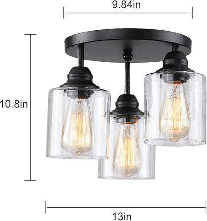 3-Lights Industrial Semi Flush Mount Ceiling Light, Vintage Light Fixture with Clear Seeded Glass Shade