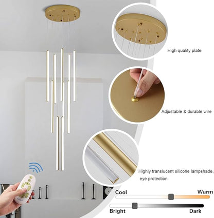 HuisMier 10 Lights Gold LED Chandeliers, Modern Dimmable Staircase Chandelier for High Ceiling with Remote Control, Long Foyer Chandelier for Living Room Entryway Hallway, 3000K-6000K
