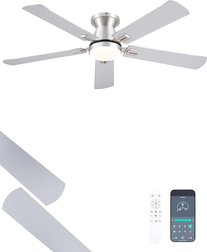 Ceiling Fans with Lights, 52'' Low Profile Ceiling Fan with Light and Remote/APP Control, Dimmable, Qiuet DC Motor, Flush Mount Ceiling Fan for Indoor Bedroom Living Room, Nickel